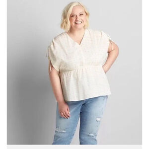 Lane Bryant Confetti Neon White V-Neck Ruched Shoulder Peplum Top Shirt 10/12